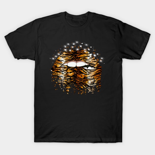 Sparks Black and Gold Tiger pattern Lip Biting Design T-Shirt by Sheila’s Studio